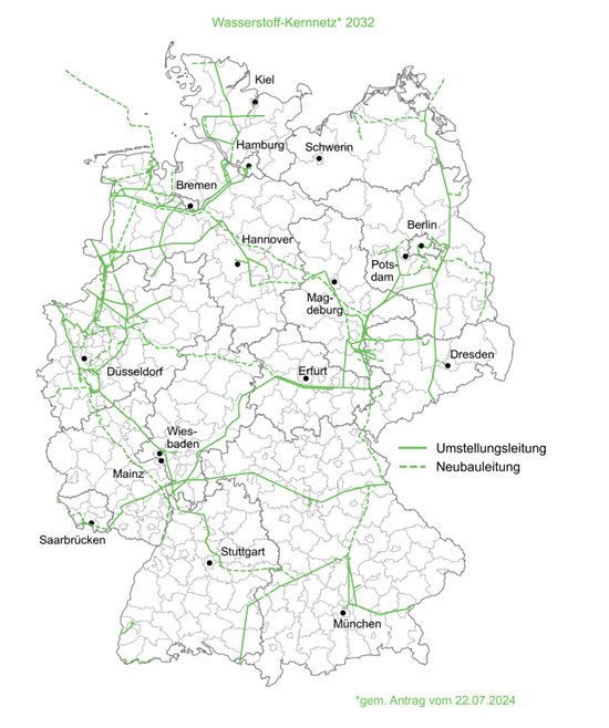 Obrázek 1: Německá páteřní vodíková infrastruktura